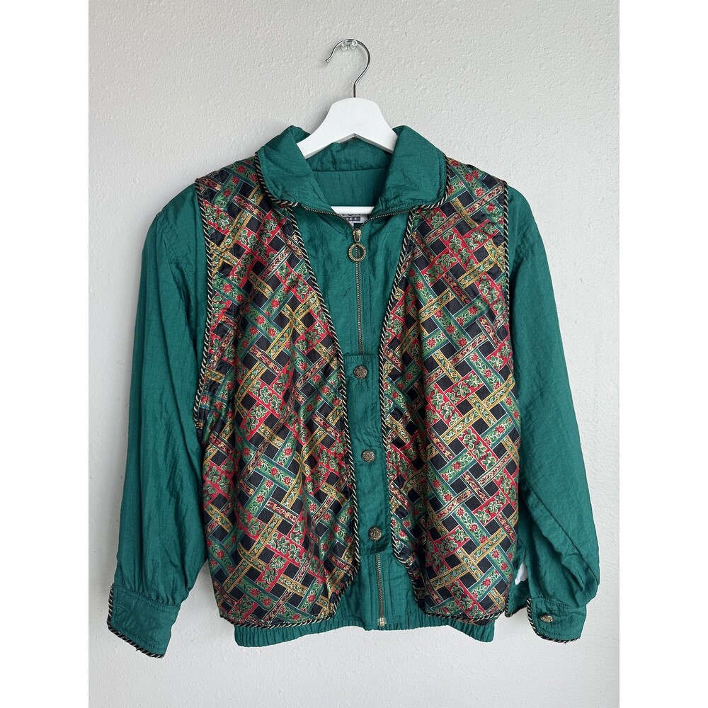 Vintage Windbreaker Jacket Lavon Petite Small Green Holly Christmas Party Zip